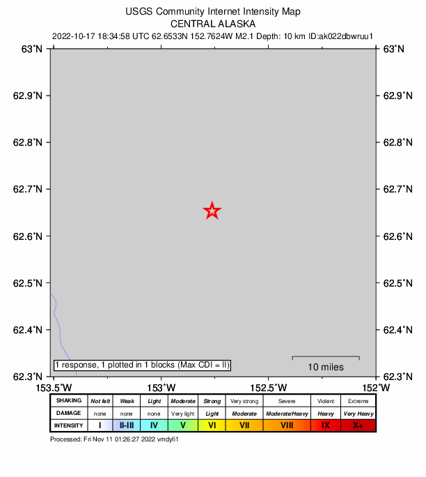 USGS DYFI community-reported intensity map for the M2.1 earthquake near 91 km ESE of Nikolai, Alaska