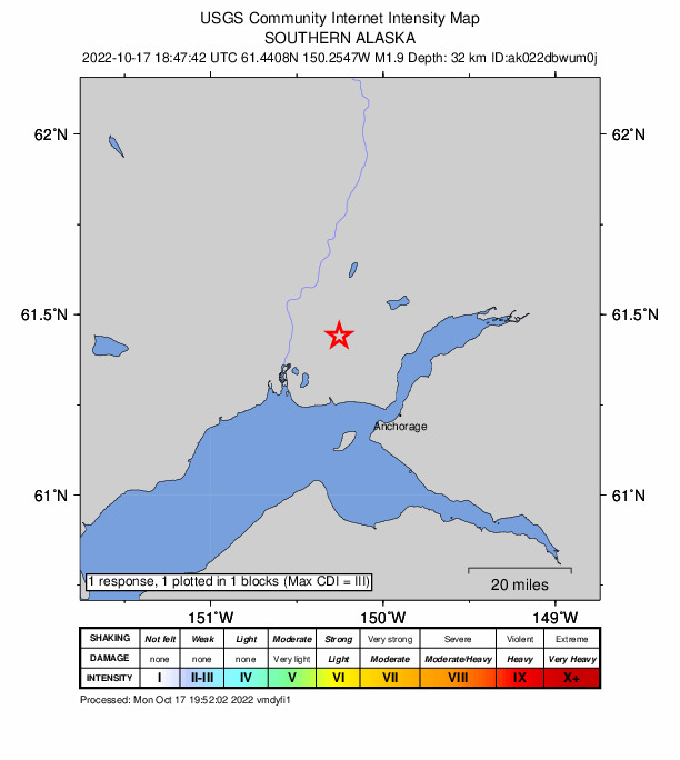 USGS DYFI community-reported intensity map for the M2.0 earthquake near 16 km WNW of Point MacKenzie, Alaska
