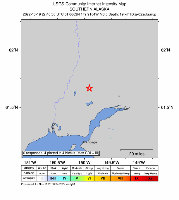 USGS DYFI community-reported intensity map for the M3.5 earthquake near 6 km NW of Houston, Alaska