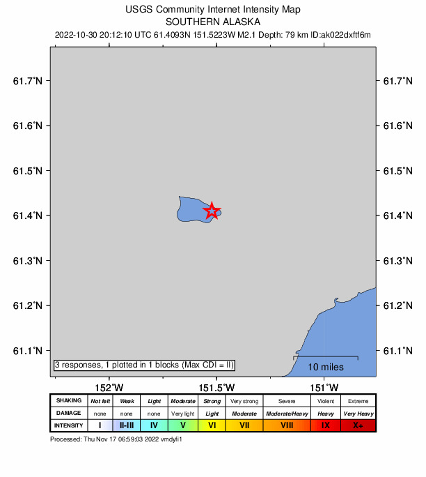 USGS DYFI community-reported intensity map for the M2.1 earthquake near 38 km NW of Beluga, Alaska