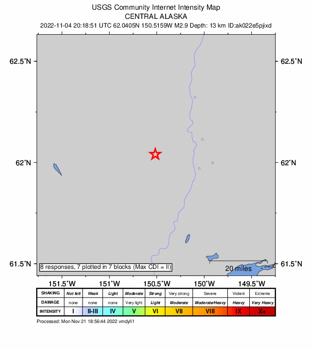USGS DYFI community-reported intensity map for the M2.9 earthquake near 34 km SSW of Trapper Creek, Alaska