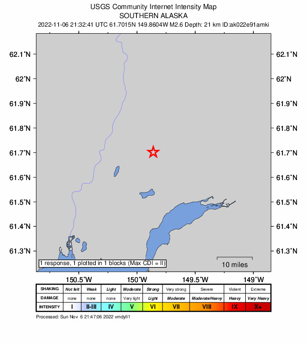 USGS DYFI community-reported intensity map for the M2.6 earthquake near 6 km N of Houston, Alaska