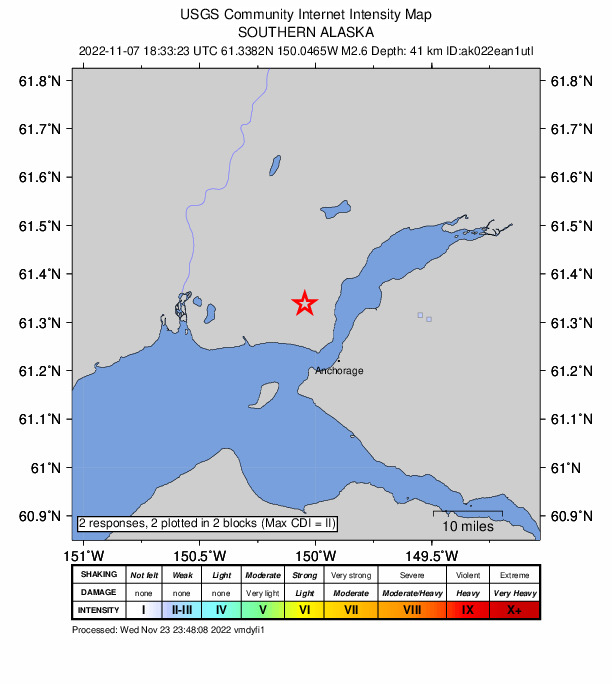 USGS DYFI community-reported intensity map for the M2.6 earthquake near 4 km WSW of Point MacKenzie, Alaska