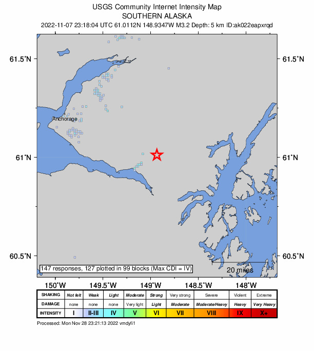USGS DYFI community-reported intensity map for the M3.2 earthquake near 14 km ENE of Girdwood, Alaska