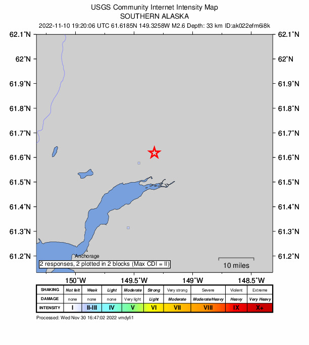 USGS DYFI community-reported intensity map for the M2.6 earthquake near 1 km NW of Lakes, Alaska