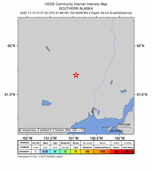 USGS DYFI community-reported intensity map for the M3.3 earthquake near 28 km NW of Susitna, Alaska