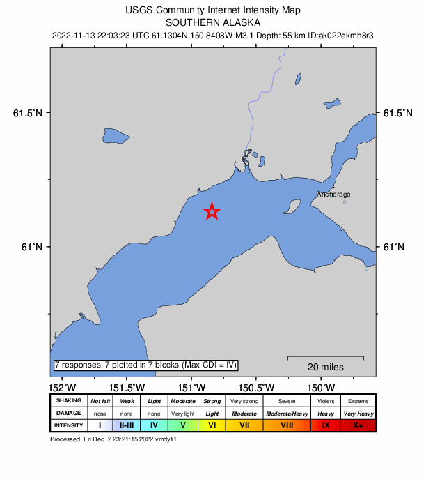 USGS DYFI community-reported intensity map for the M3.1 earthquake near 13 km E of Beluga, Alaska