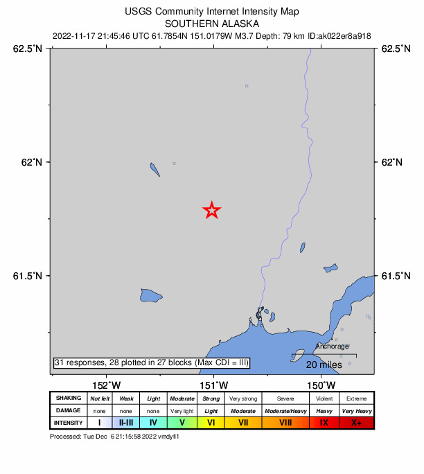 USGS DYFI community-reported intensity map for the M3.7 earthquake near 30 km SE of Skwentna, Alaska