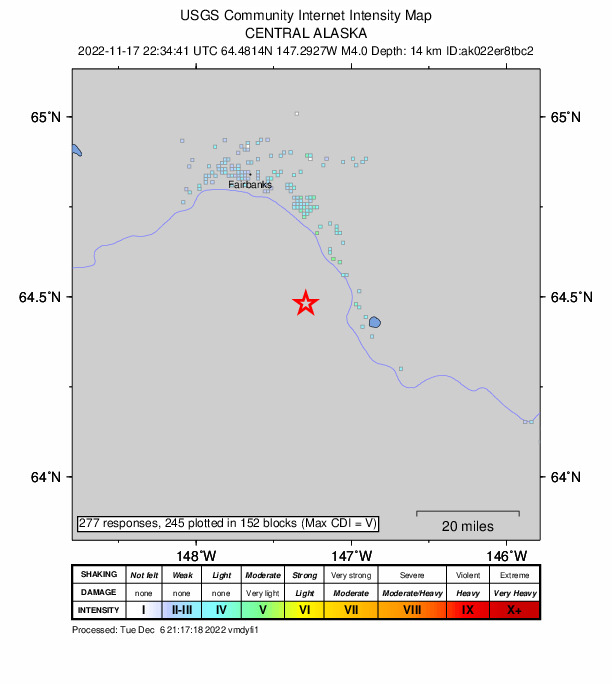 USGS DYFI community-reported intensity map for the M4.0 earthquake near 19 km WSW of Salcha, Alaska