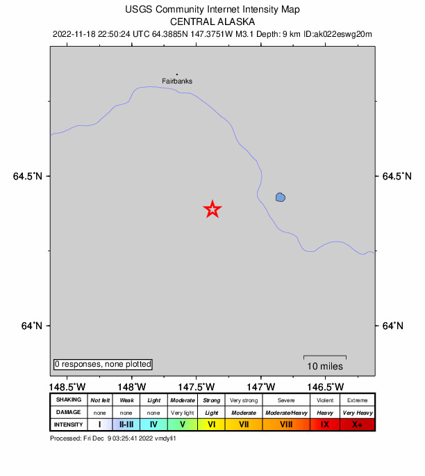 USGS DYFI community-reported intensity map for the M3.1 earthquake near Central Alaska