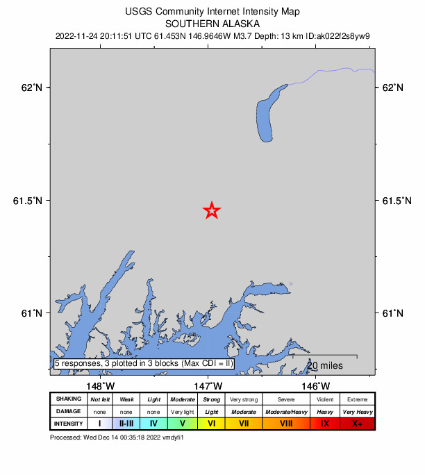 USGS DYFI community-reported intensity map for the M3.7 earthquake near 48 km NW of Valdez, Alaska
