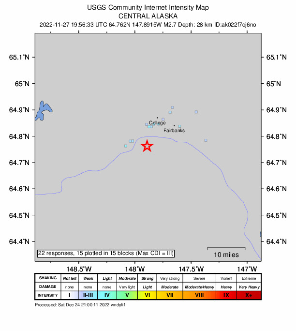 USGS DYFI community-reported intensity map for the M2.7 earthquake near 7 km SW of South Van Horn, Alaska
