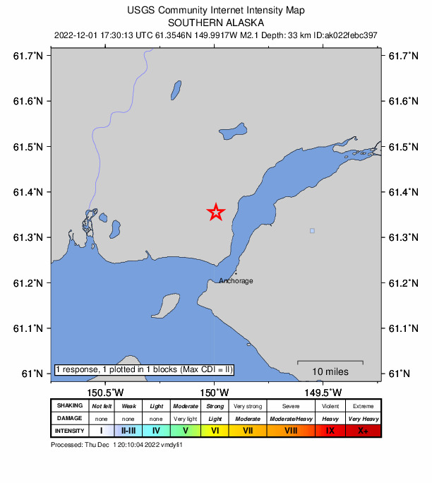 USGS DYFI community-reported intensity map for the M2.1 earthquake near 2 km W of Point MacKenzie, Alaska