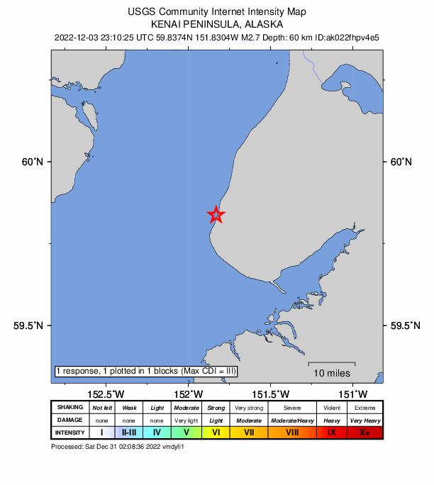 USGS DYFI community-reported intensity map for the M2.7 earthquake near 6 km N of Anchor Point, Alaska