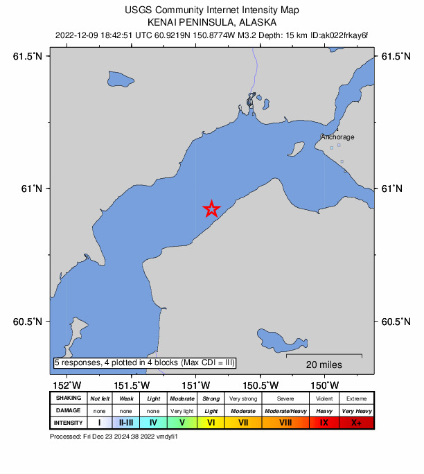 USGS DYFI community-reported intensity map for the M3.2 earthquake near 10 km W of Point Possession, Alaska