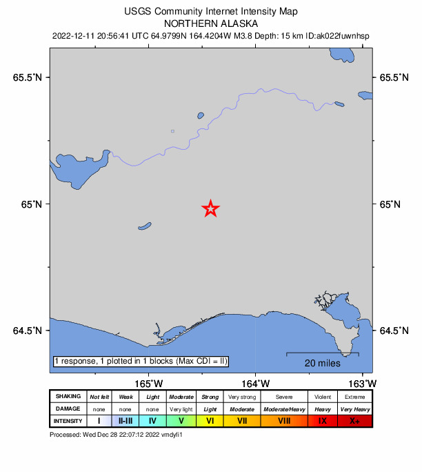 USGS DYFI community-reported intensity map for the M3.8 earthquake near 46 km N of Solomon, Alaska