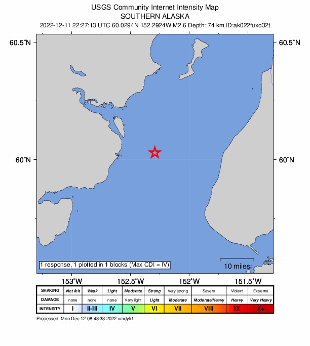 USGS DYFI community-reported intensity map for the M2.8 earthquake near Southern Alaska