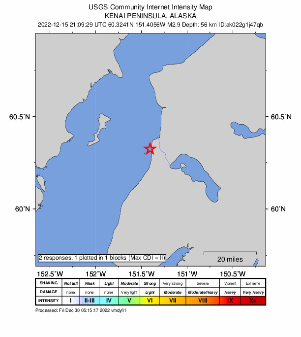 USGS DYFI community-reported intensity map for the M2.9 earthquake near 7 km SW of Cohoe, Alaska