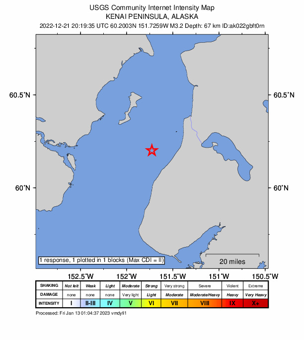 USGS DYFI community-reported intensity map for the M3.2 earthquake near 17 km N of Ninilchik, Alaska