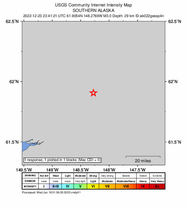 USGS DYFI community-reported intensity map for the M3.0 earthquake near 15 km NE of Chickaloon, Alaska