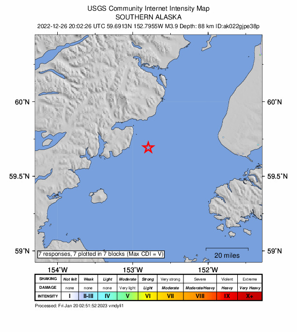 USGS DYFI community-reported intensity map for the M3.9 earthquake near 56 km W of Anchor Point, Alaska