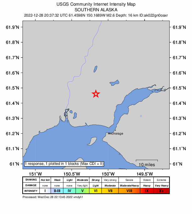 USGS DYFI community-reported intensity map for the M2.5 earthquake near 13 km WSW of Big Lake, Alaska