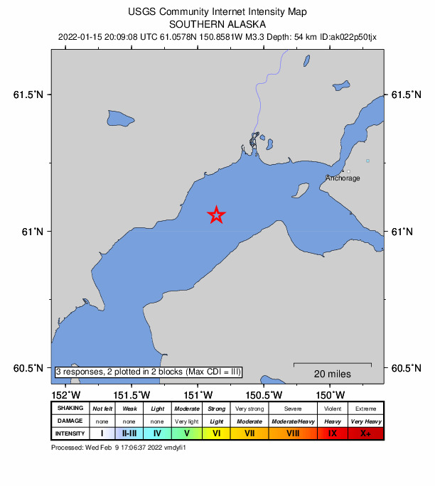 USGS DYFI community-reported intensity map for the M3.3 earthquake near 14 km SE of Beluga, Alaska