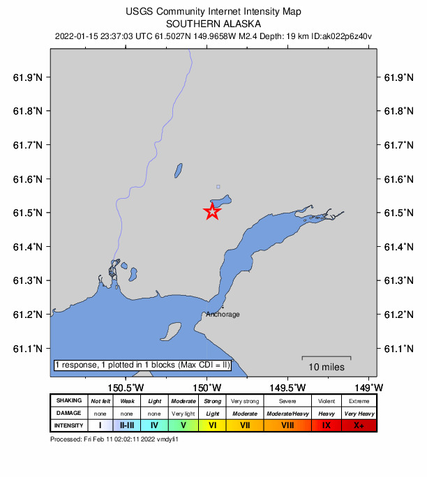 USGS DYFI community-reported intensity map for the M2.4 earthquake near 2 km SSW of Big Lake, Alaska