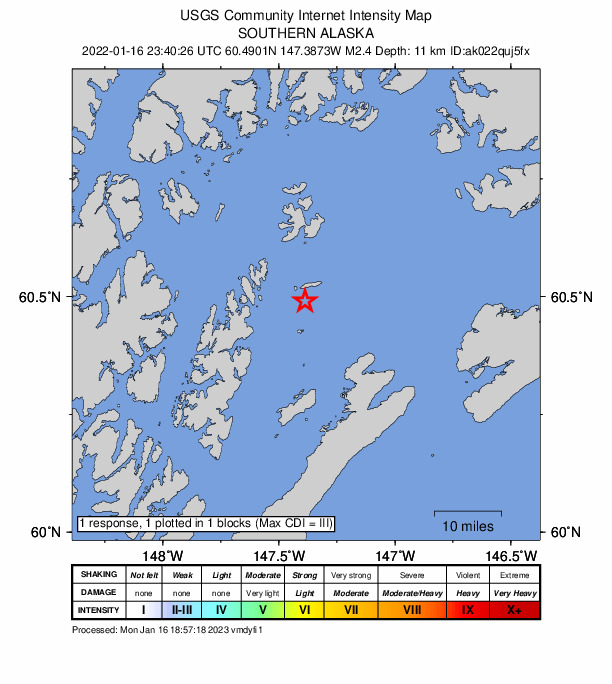USGS DYFI community-reported intensity map for the M2.4 earthquake near 56 km SW of Tatitlek, Alaska