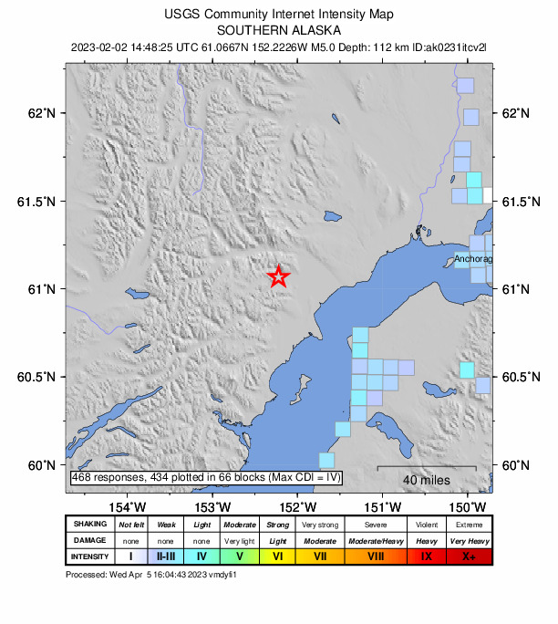 USGS DYFI community-reported intensity map for the M5.0 earthquake near 58 km W of Tyonek, Alaska