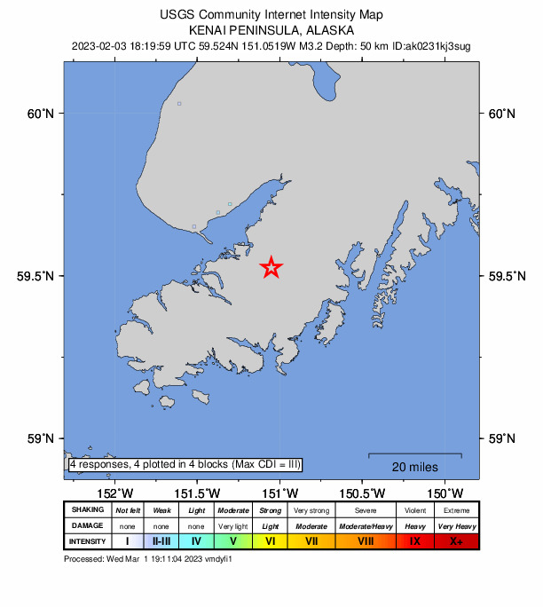 USGS DYFI community-reported intensity map for the M3.2 earthquake near 12 km SE of Halibut Cove, Alaska