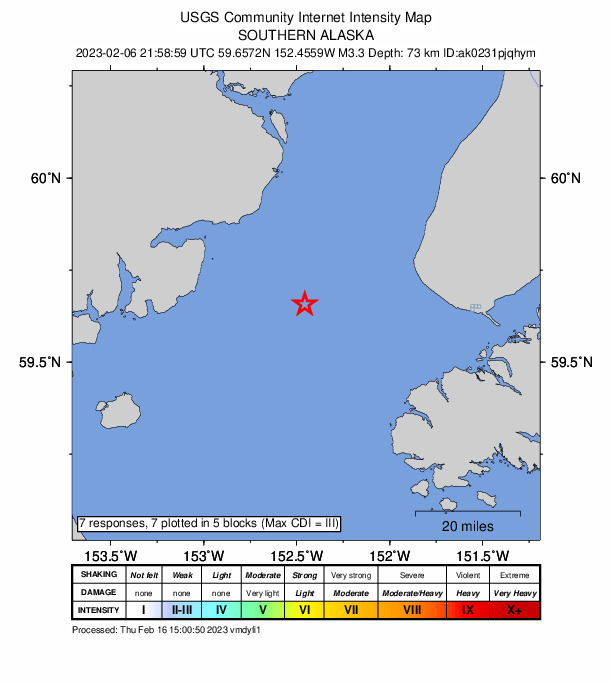 USGS DYFI community-reported intensity map for the M3.3 earthquake near 37 km WSW of Anchor Point, Alaska