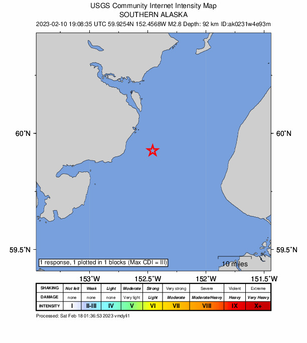 USGS DYFI community-reported intensity map for the M2.8 earthquake near 38 km WNW of Anchor Point, Alaska