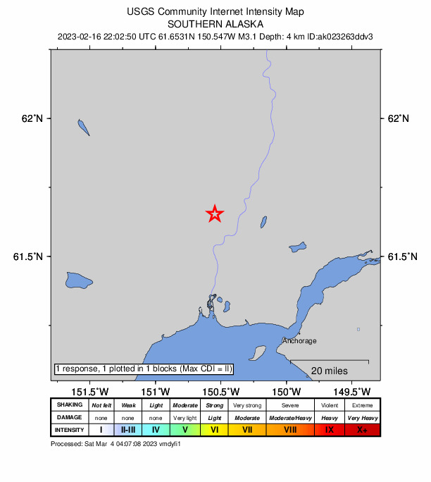 USGS DYFI community-reported intensity map for the M3.1 earthquake near 12 km N of Susitna, Alaska