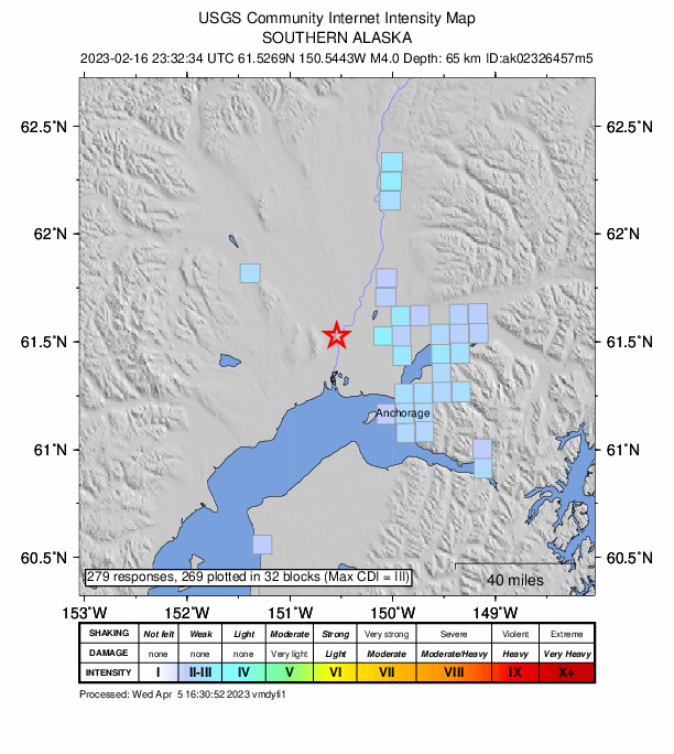USGS DYFI community-reported intensity map for the M4.0 earthquake near 2 km SW of Susitna, Alaska