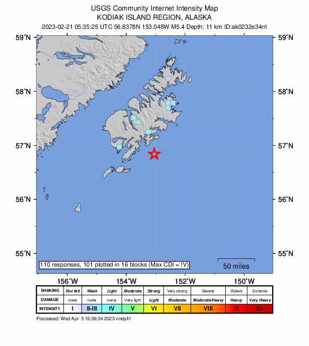 USGS DYFI community-reported intensity map for the M5.4 earthquake near 43 km SSE of Old Harbor, Alaska