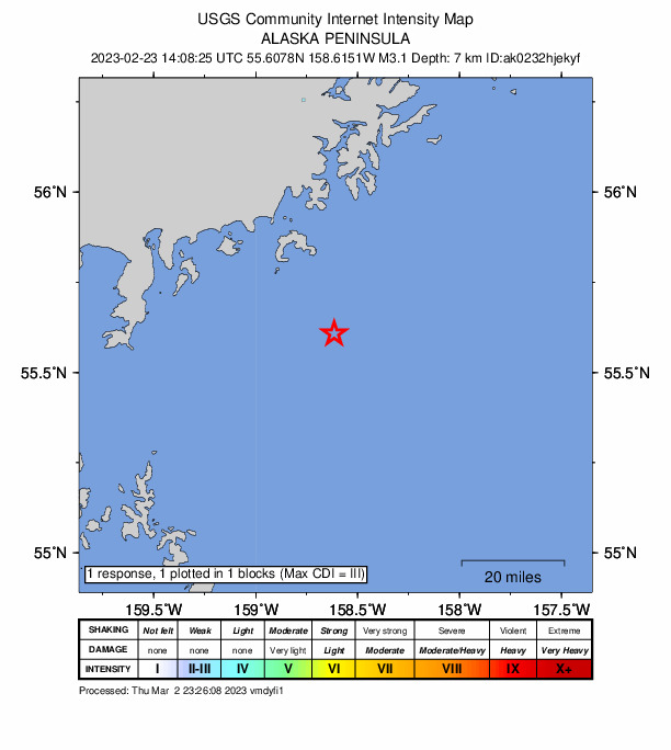 USGS DYFI community-reported intensity map for the M3.1 earthquake near 47 km SE of Perryville, Alaska