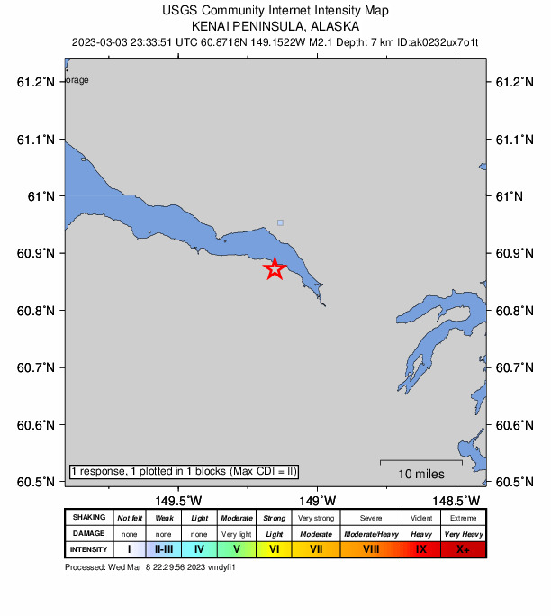 USGS DYFI community-reported intensity map for the M2.1 earthquake near 7 km S of Girdwood, Alaska