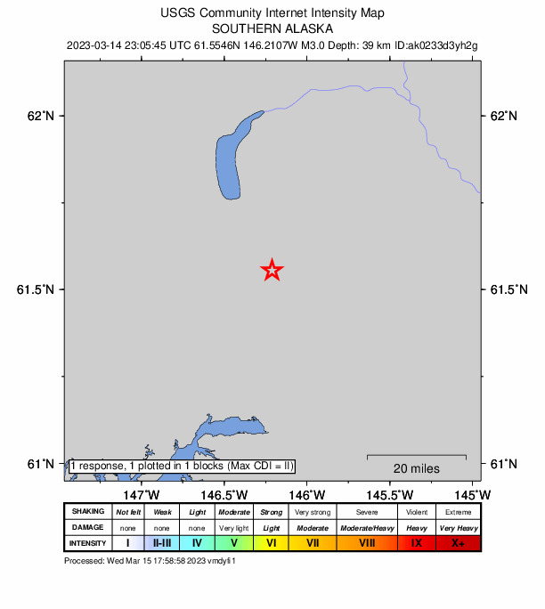 USGS DYFI community-reported intensity map for the M2.6 earthquake near 50 km N of Valdez, Alaska
