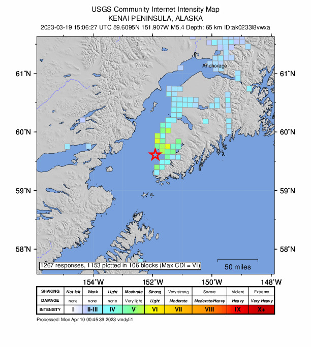 USGS DYFI community-reported intensity map for the M5.4 earthquake near 19 km SSW of Anchor Point, Alaska