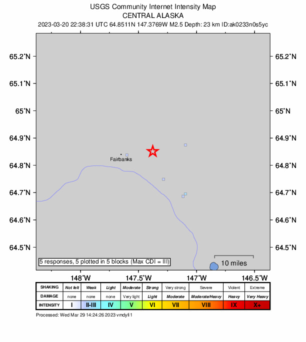 USGS DYFI community-reported intensity map for the M2.5 earthquake near 9 km NE of Badger, Alaska