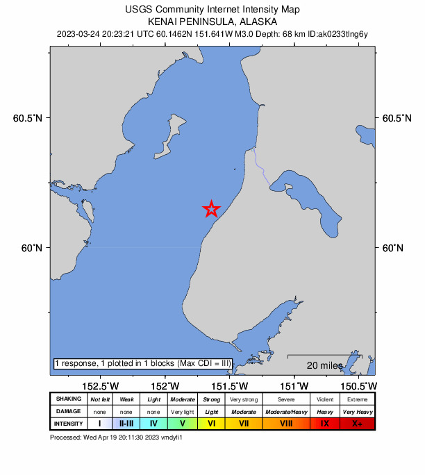USGS DYFI community-reported intensity map for the M3.0 earthquake near 10 km N of Ninilchik, Alaska