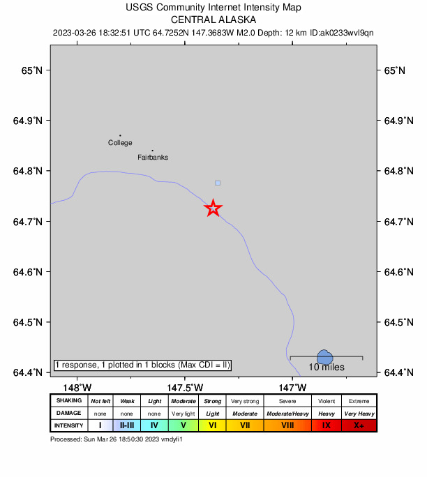 USGS DYFI community-reported intensity map for the M2.0 earthquake near 0 km SSW of North Pole, Alaska