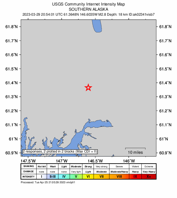 USGS DYFI community-reported intensity map for the M2.8 earthquake near 29 km NNW of Valdez, Alaska