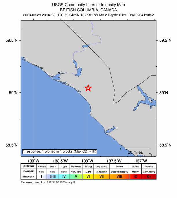 USGS DYFI community-reported intensity map for the M3.2 earthquake near 114 km ESE of Yakutat, Alaska