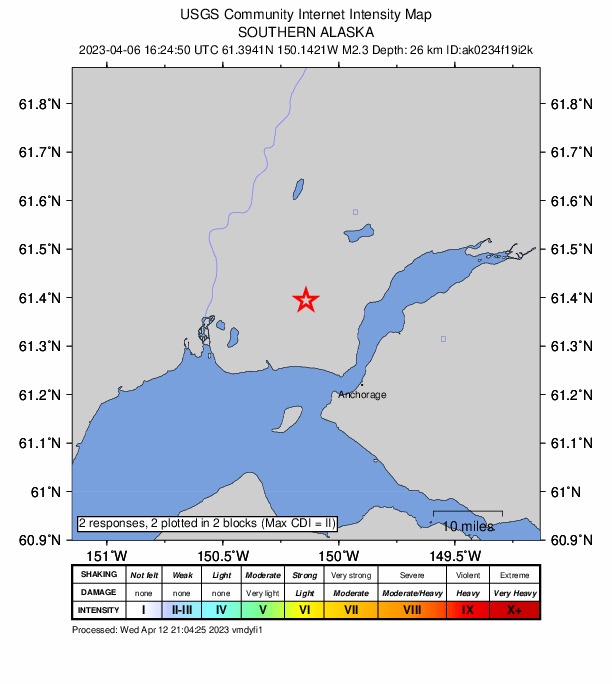USGS DYFI community-reported intensity map for the M2.3 earthquake near 9 km WNW of Point MacKenzie, Alaska