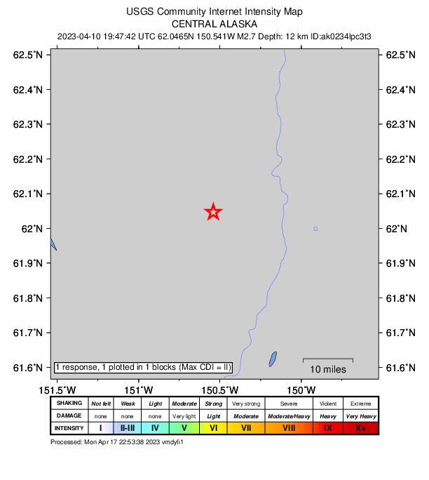 USGS DYFI community-reported intensity map for the M2.7 earthquake near 34 km SSW of Trapper Creek, Alaska
