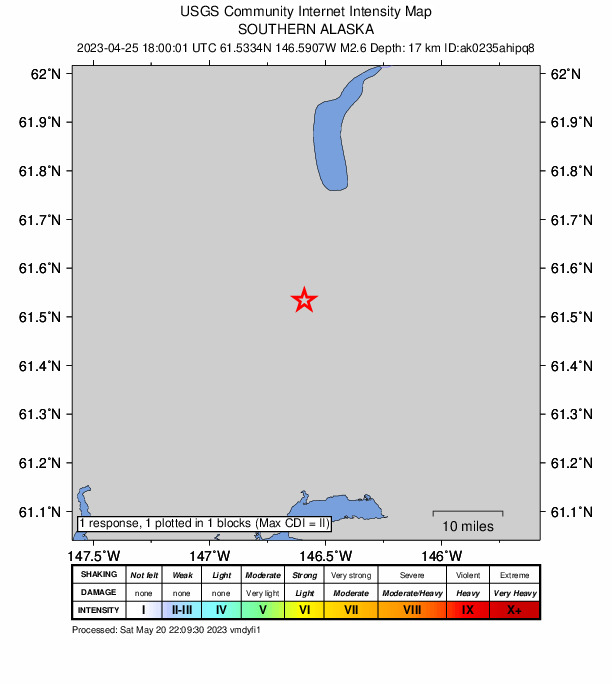 USGS DYFI community-reported intensity map for the M2.6 earthquake near 46 km NNW of Valdez, Alaska