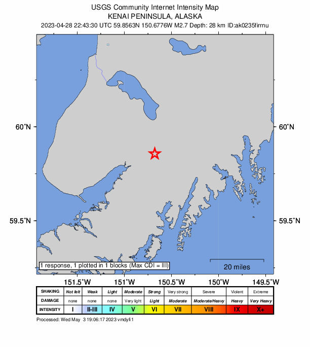 USGS DYFI community-reported intensity map for the M2.7 earthquake near 15 km E of Fox River, Alaska