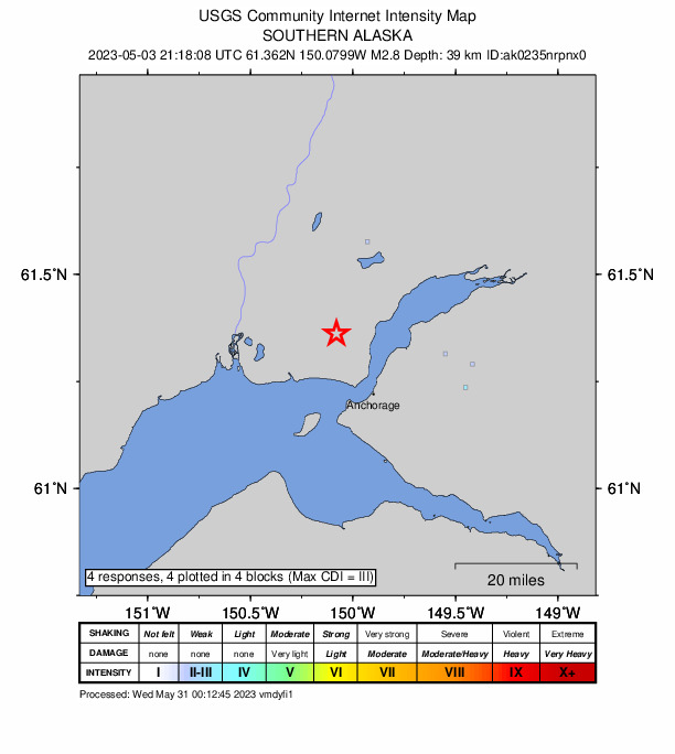 USGS DYFI community-reported intensity map for the M2.8 earthquake near 5 km W of Point MacKenzie, Alaska